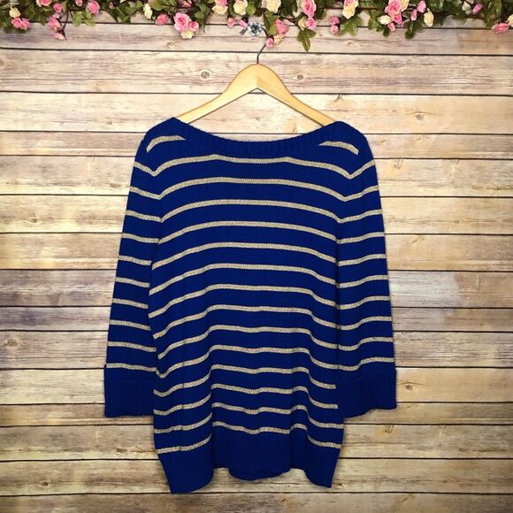 Jones New York Signature Blue Gold Striped Sweater - Picture 2 of 6